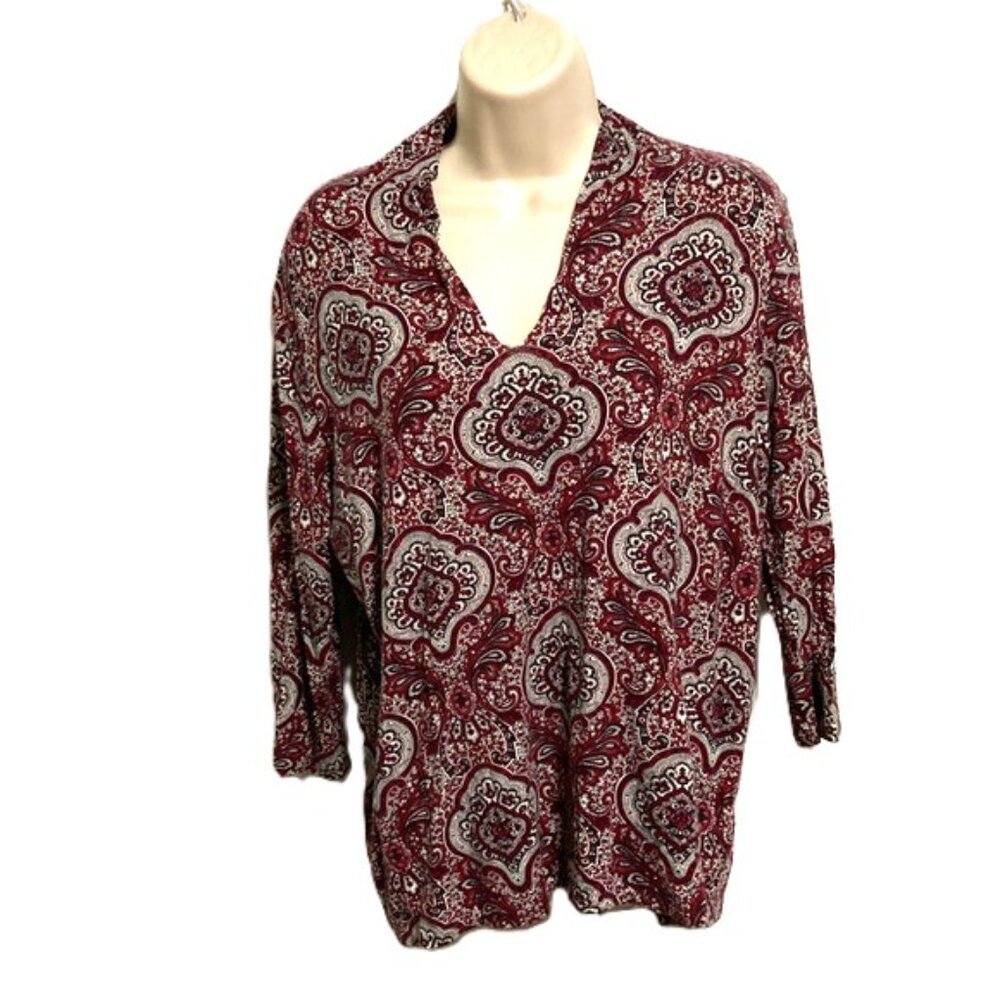 TALBOTS Mediterranean Burgundy Gray White Geometric V Neck 3/4  Sleeve Blouse 1X